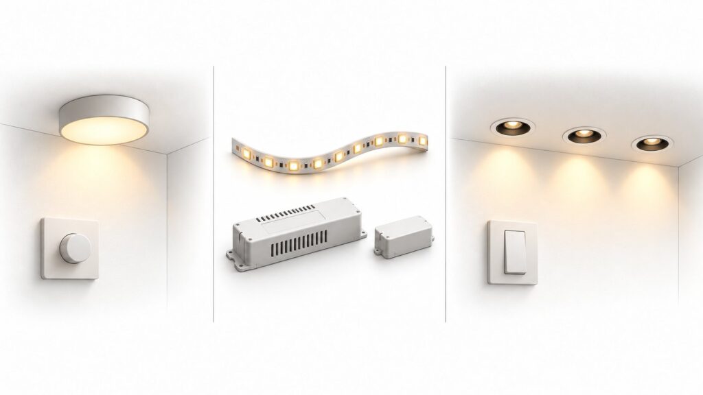 Konceptualna usporedba upravljanja LED žaruljom, 24 V LED trakom i skupinom svjetiljki