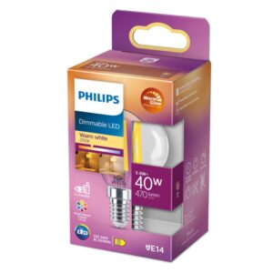 LED žarulja Philips WarmGlow P45 E14 3,4W (40W) 2200-2700K dimabilna – 32439800 Dimabilne